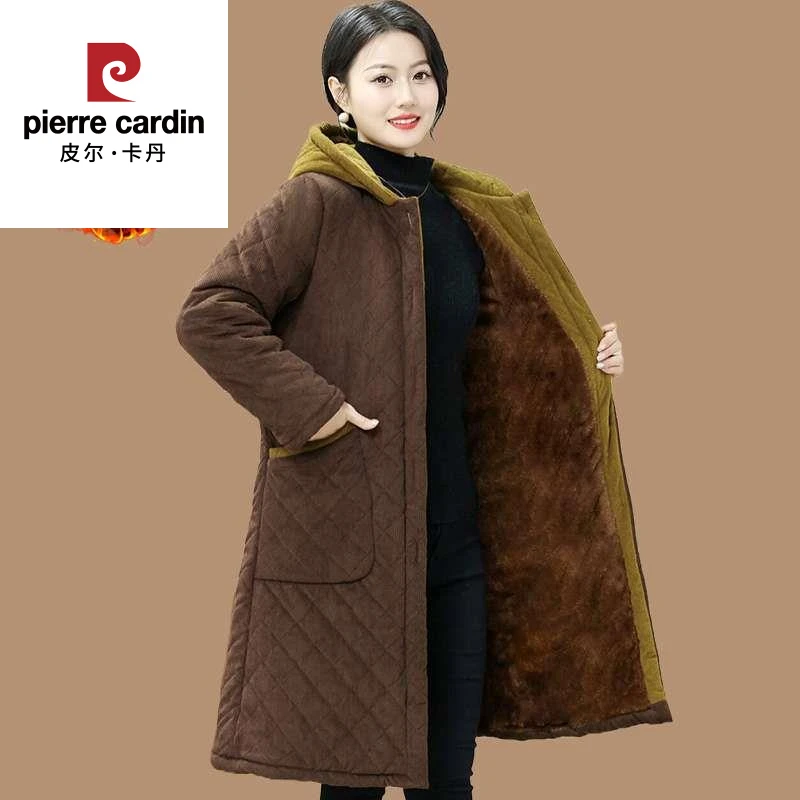 皮尔卡丹妈妈冬装加绒加厚长款连帽衣中老年女宽松格子服外套