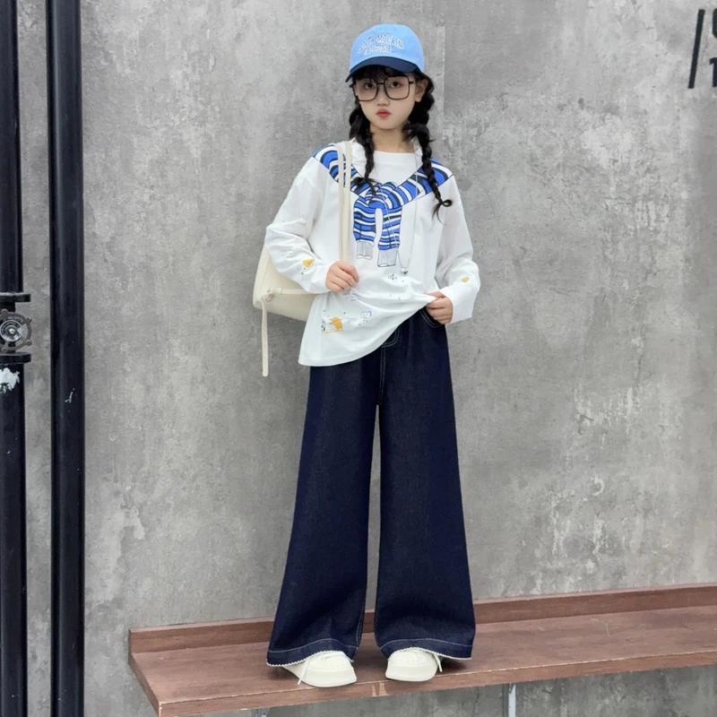 女童秋季新款潮酷韩系涂鸦披肩上衣休闲阔腿牛仔裤两件套