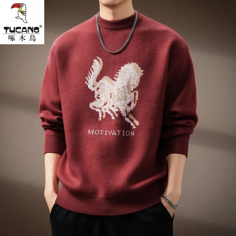 高端中式复古本命年毛衣男冬季加厚骏马印花潮牌针织衫宽松毛线衣