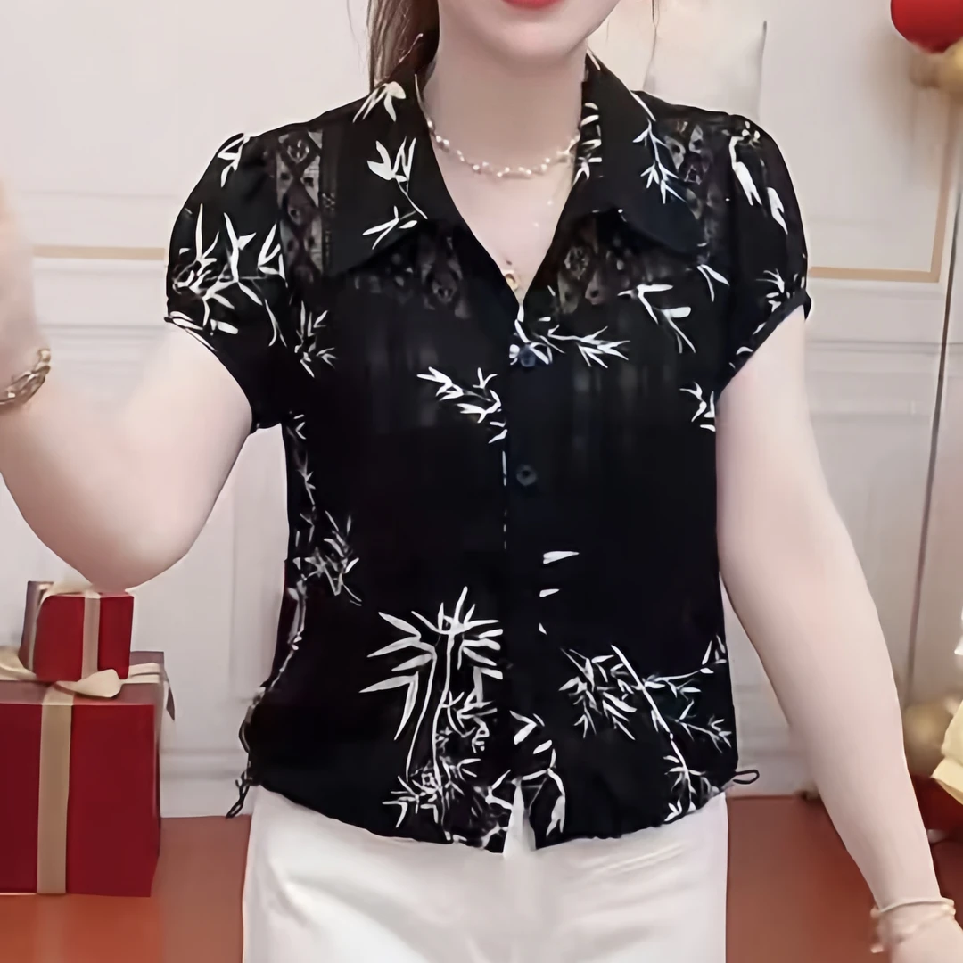 【佳人玉立】翠竹印花镂空蕾丝拼接甜美百搭遮肉显瘦衬衫女上衣潮流