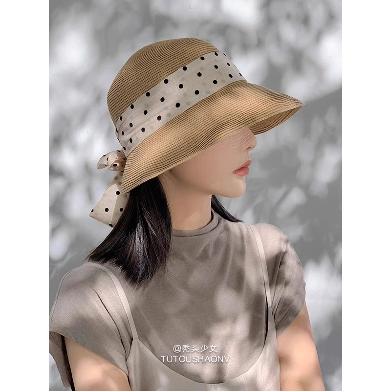 法式遮阳防晒帽草帽女夏季帽子百搭宽帽檐帽度假草编女主时尚蕾丝