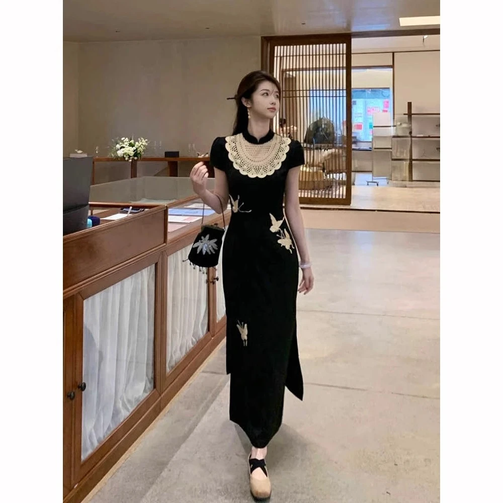 新中式国潮风无袖连衣裙女夏季蝴蝶刺绣修身显瘦绝美轻奢气质长裙