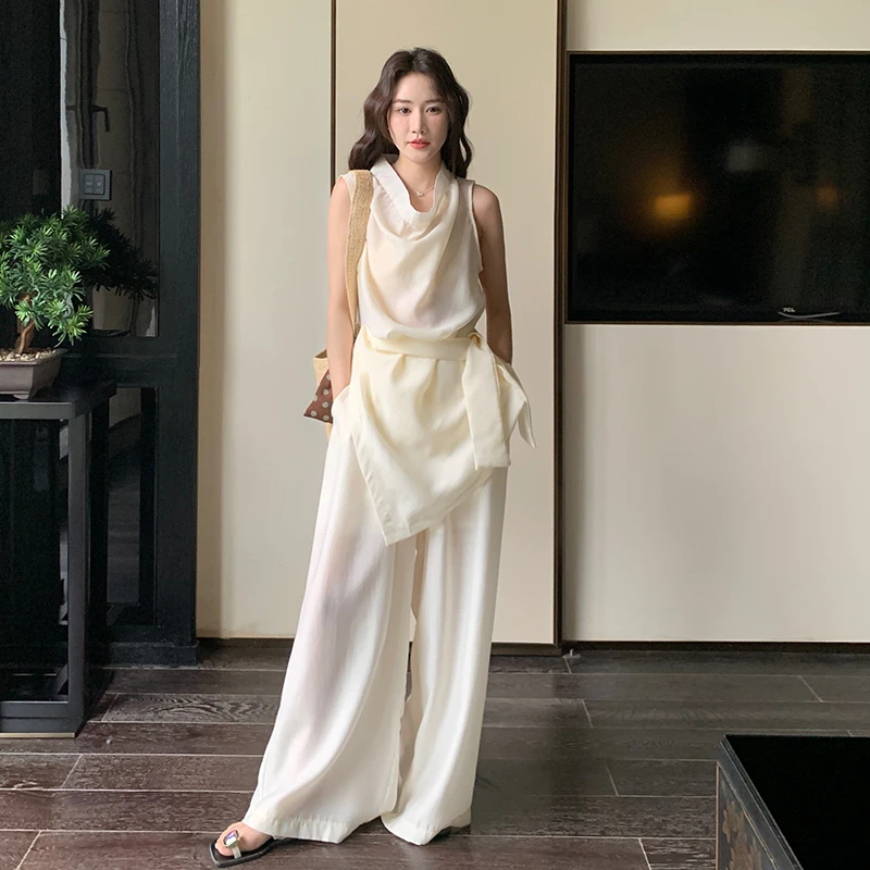 韩系米白色无袖上衣长裤套装女夏2025新款轻熟风优雅气质两件套