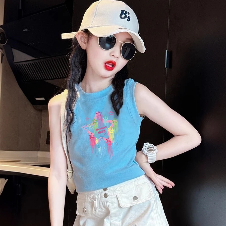 女童背心夏季2025新款休闲修身洋气卡通印花儿童宝宝无袖t恤外穿