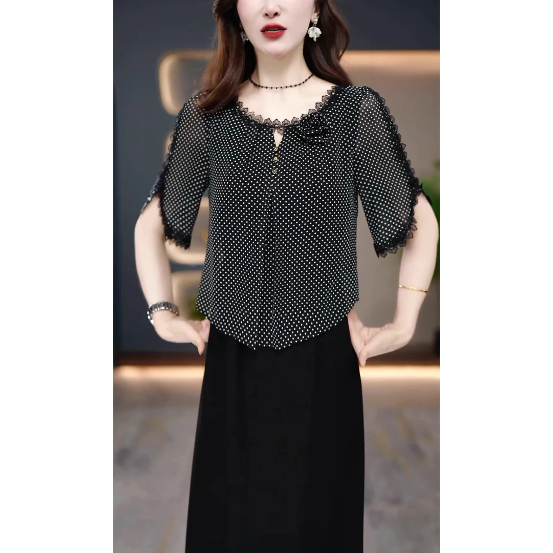 2025夏季新款时尚拼接气质显瘦连衣裙女假两件大码中长款短袖裙子