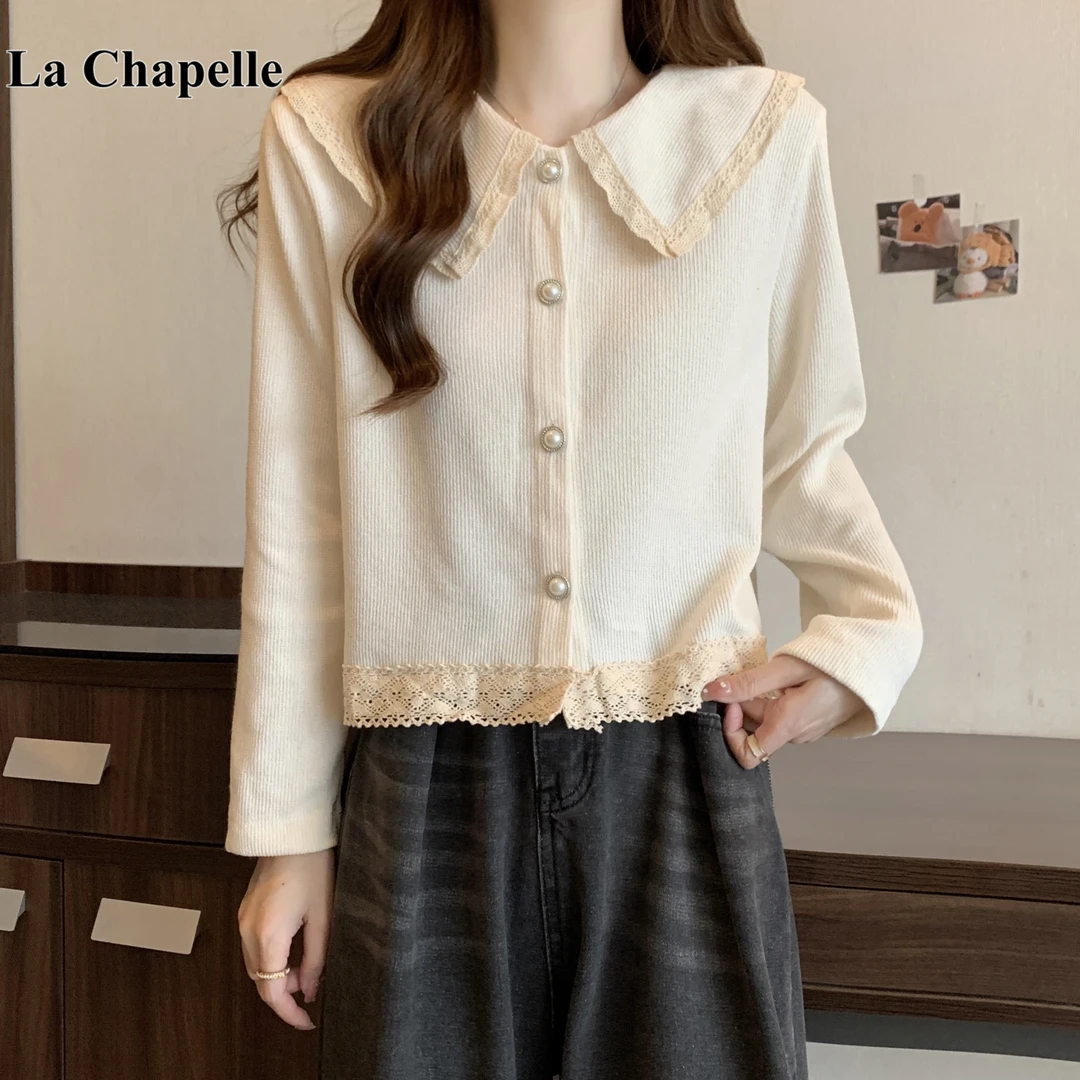 拉夏贝尔大码娃娃领长袖衬衫2025新款女秋装胖mm拼接蕾丝花边上衣
