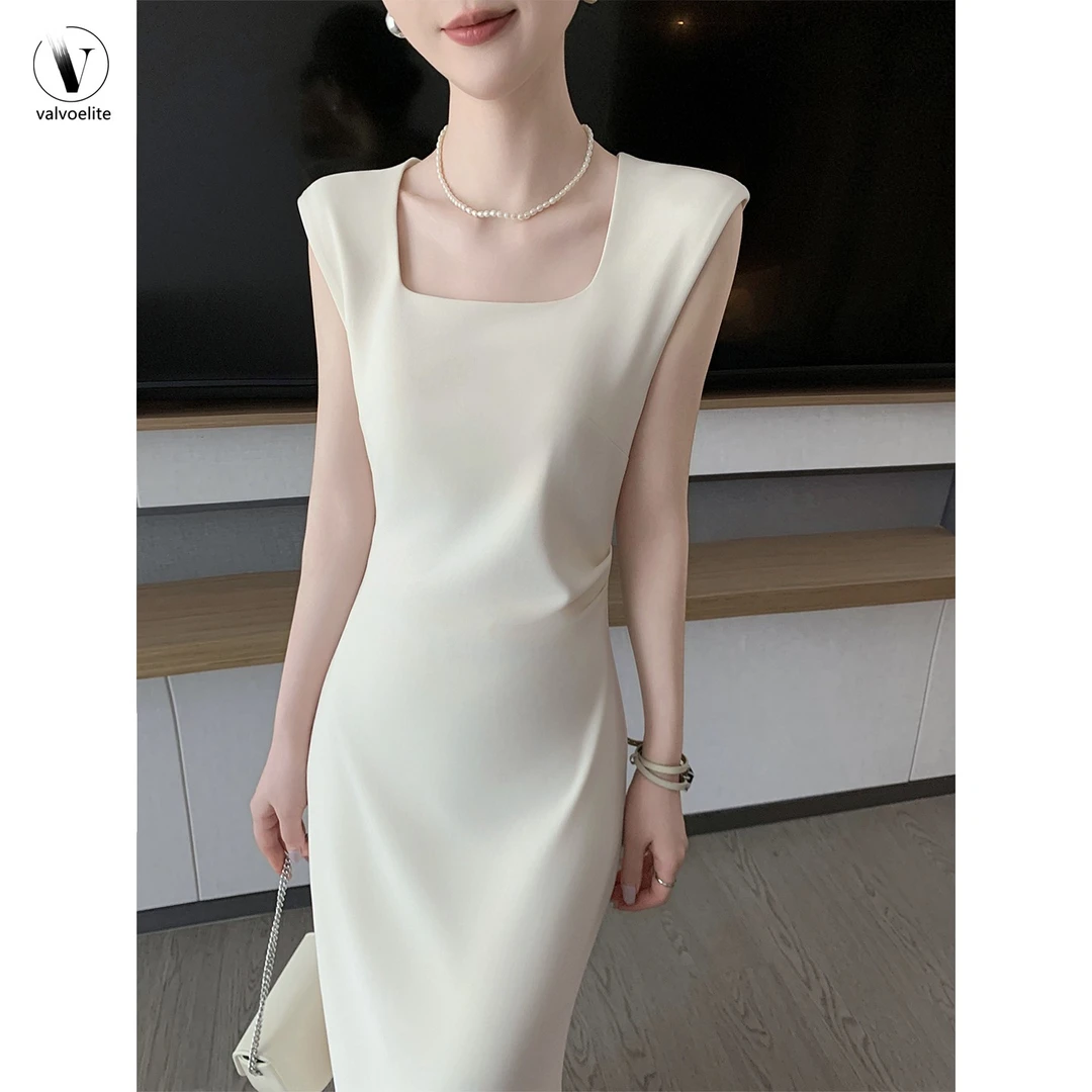 VALVOELITE白色方领无袖连衣裙女夏季新款收腰显瘦包臀气质长裙