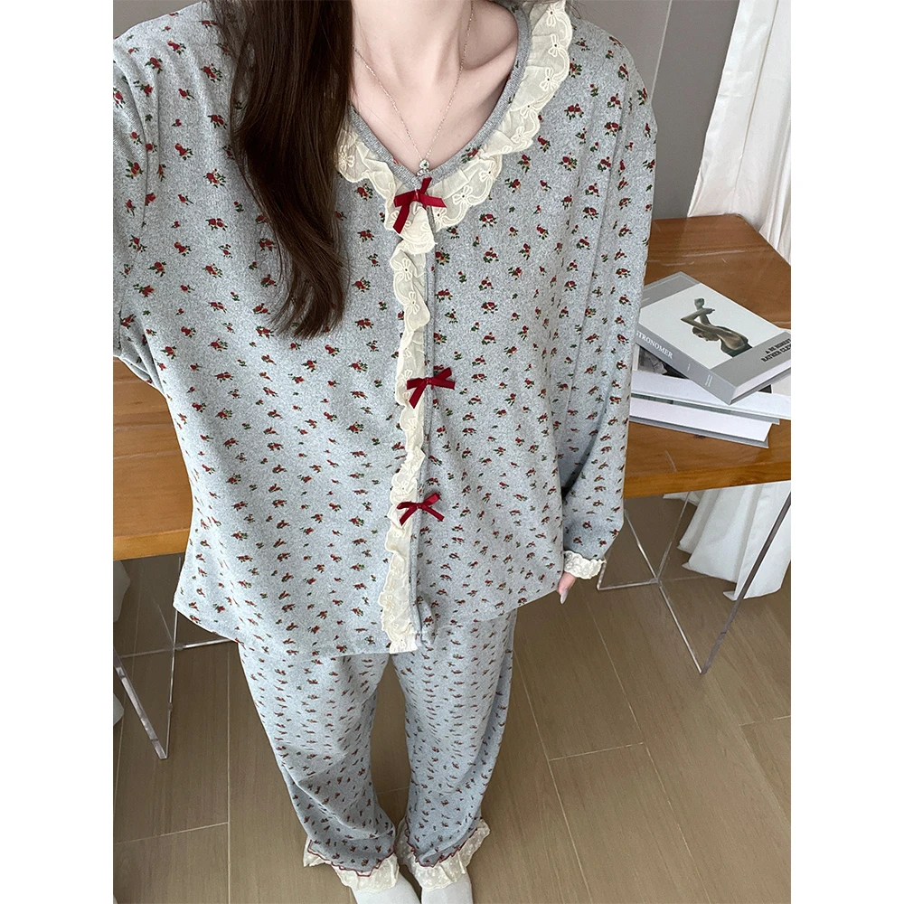 Meng luan/梦鸾新款德绒睡衣女秋冬季甜美碎花长袖冬季厚款家居服