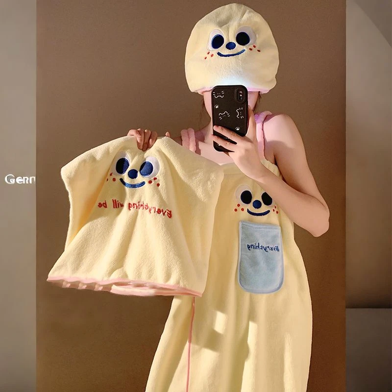 可爱浴巾女吸水速干可穿裹巾浴裙洗澡毛巾非珊瑚绒干发帽款X