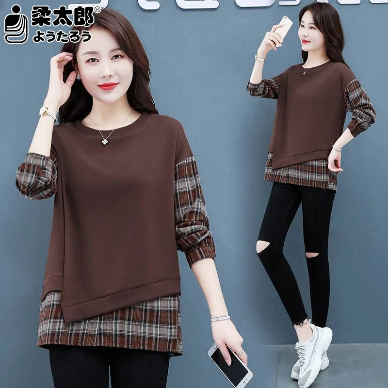 日本柔太郎大上衣假两件卫衣2024春秋新款胖mm长袖圆领女装宽松遮
