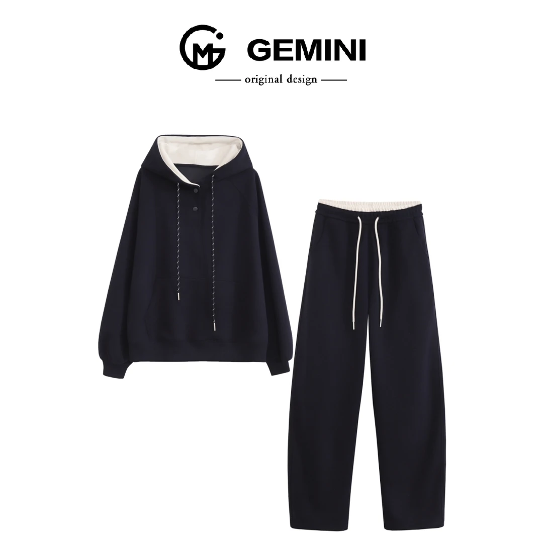 撞色连帽韩版秋冬时尚宽松百搭休闲风直筒时尚套装DS38