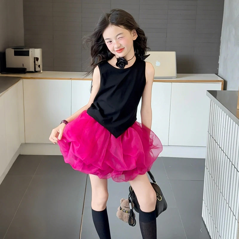 女童套装裙夏季2025新款儿童时髦气质背心玫红色半身蓬蓬裙两件套