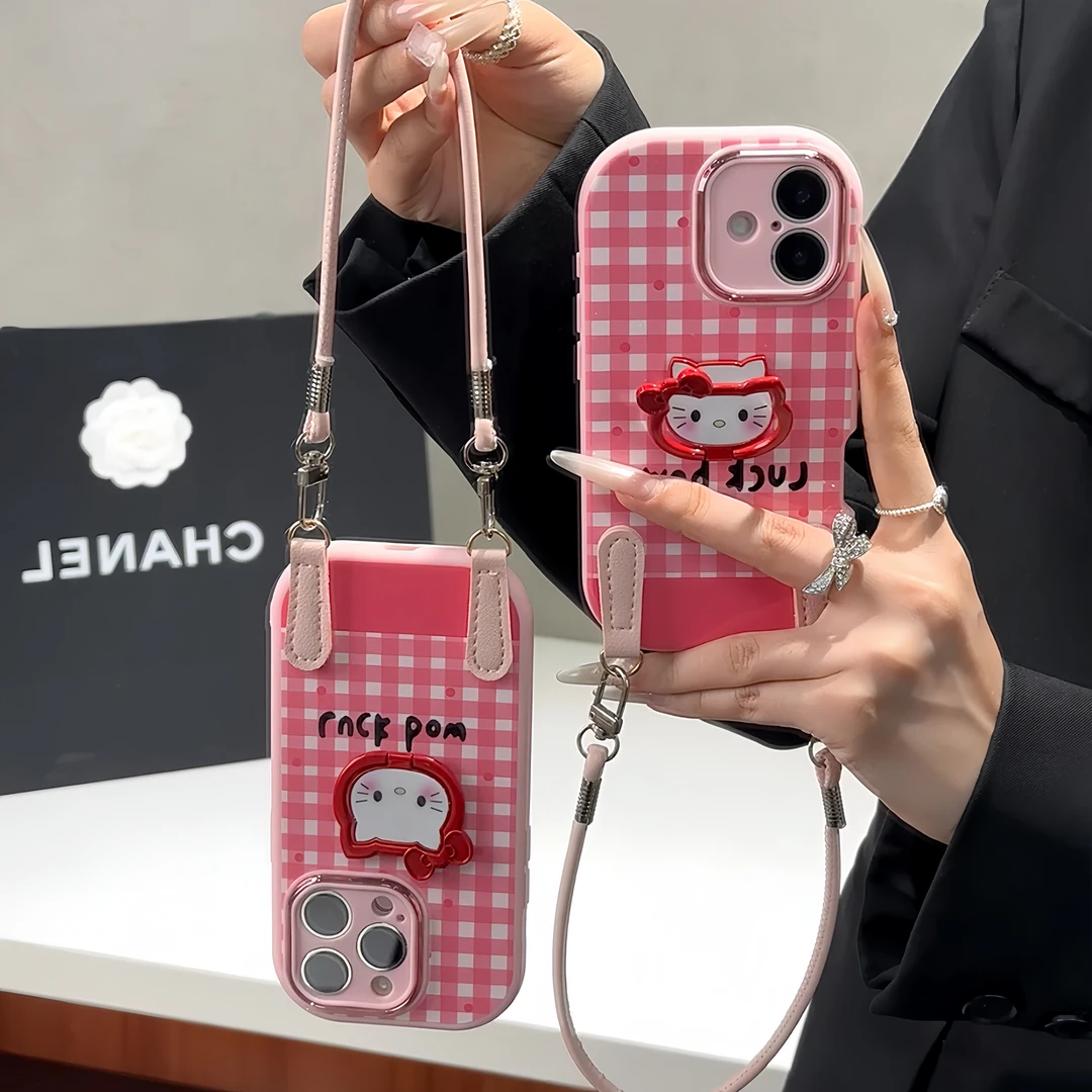 雅天立粉格KT猫支架挂绳适用苹果17/16手机壳华为P70vivoppo小米