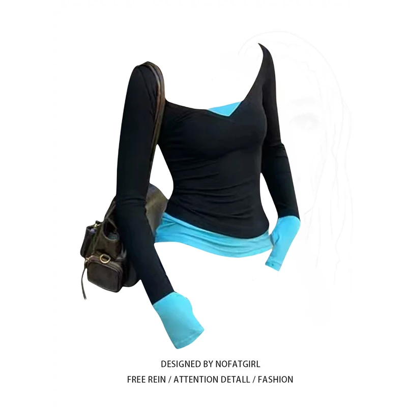 美式辣妹撞色假两件长袖t恤女2025春季新款纯欲性感修身内搭上衣