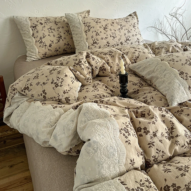 复古原麻床单被套床上四件套100%全棉花边被单人宿舍四季通用床品