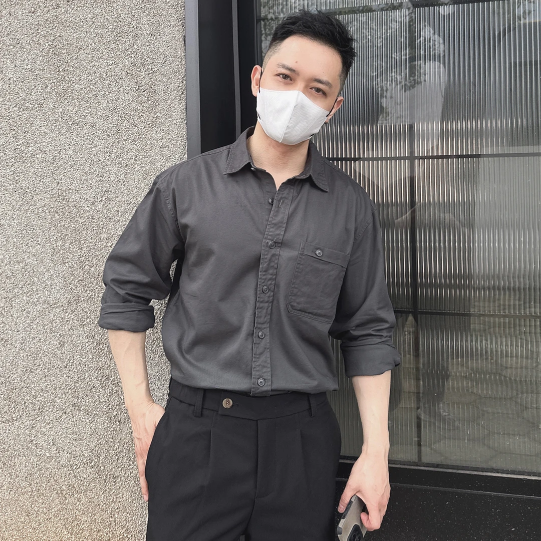 高级感痞帅春秋纯棉休闲衬衣男纯色长袖男士衬衫外套人夫感穿搭