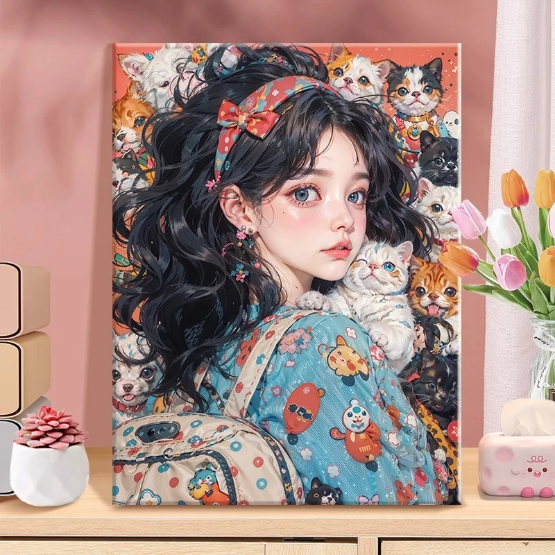 动漫少女数字油画精致女孩|diy数字油画丙烯填充手绘少女日常治愈