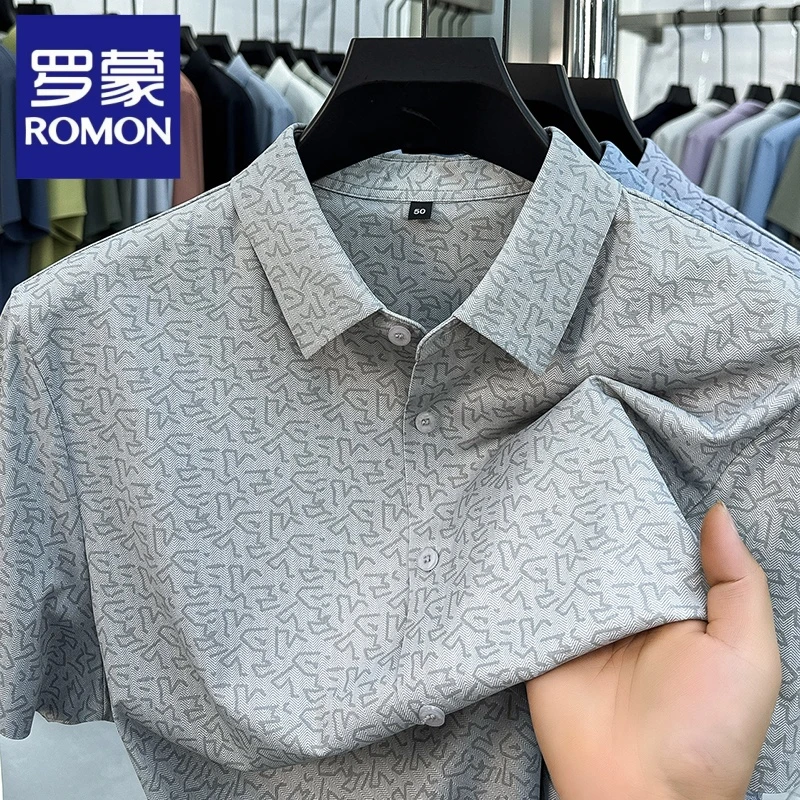 Romon/罗蒙亚麻桑蚕丝衬衫男士短袖夏季商务休闲高档抗皱polo衫