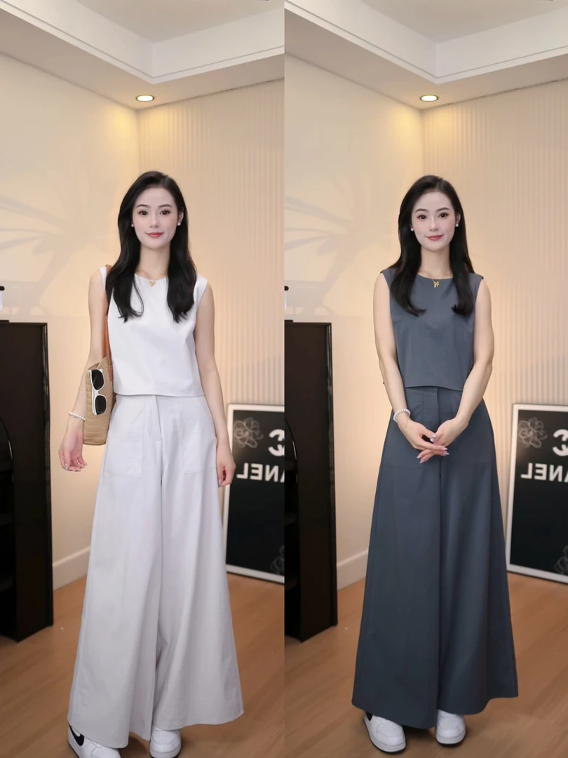 众和梦小众设计款 韩版 夏新款高腰阔腿裤时尚显瘦气质两件套套装