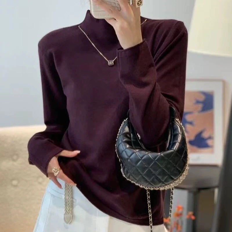 7602休闲设计感简约圆领长袖针织衫女显瘦毛衣套头宽松打底衫