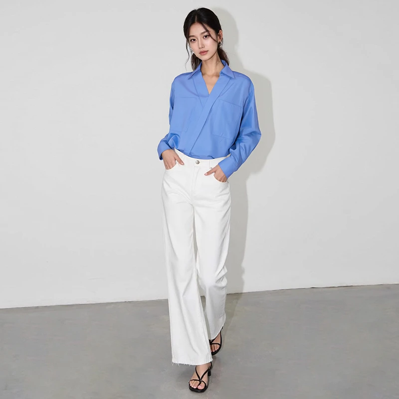 爆款蓝色衬衫女款外穿春夏款百搭显瘦上衣白色衬衫长袖HBZC641183
