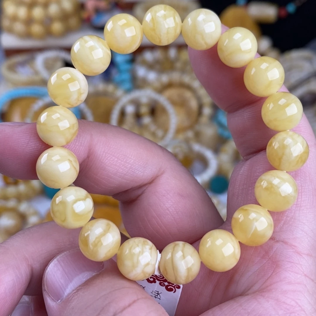 蜜蜡未镶嵌手链浓蜡瓷白花10mm圆珠