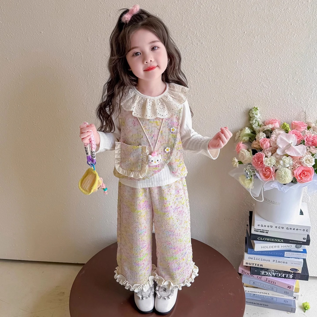 女童时尚套装春秋款2025新款儿童洋气马甲秋装女宝宝小香风三件套