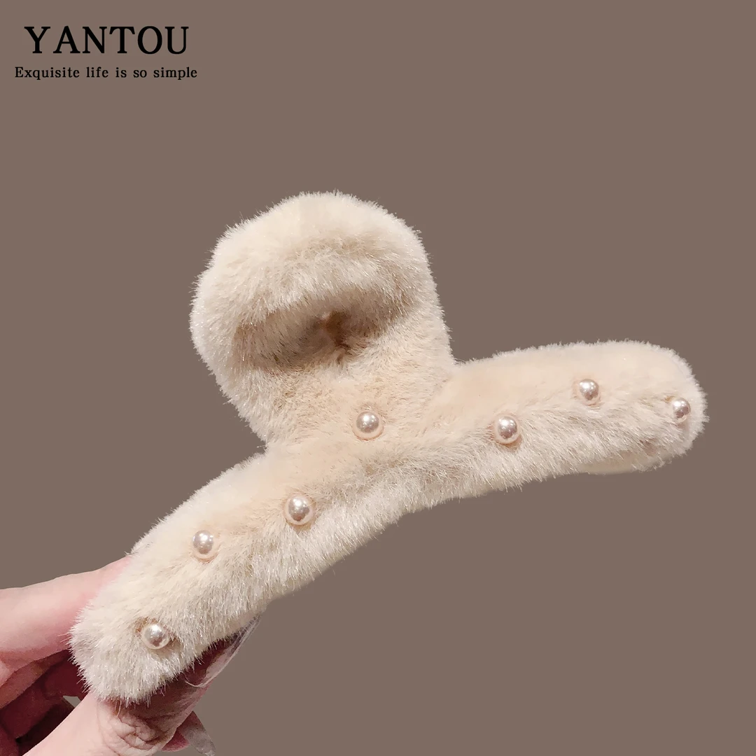 秋冬毛绒珍珠抓夹大号发夹女后脑勺盘发鲨鱼夹头饰高级感新款夹子