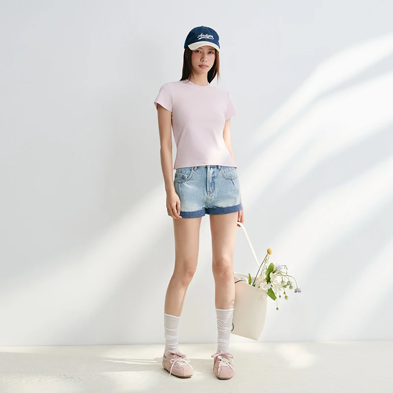 「PINPINPLUS」PP+格子撞色卷边牛仔短裤百搭热裤8B33181AYP