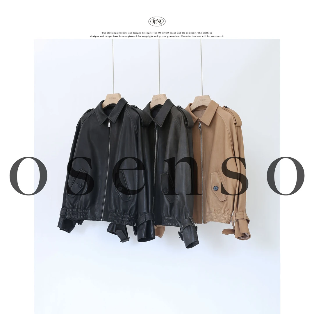 OSENSO"有点酷"时尚复古碰撞感羊皮夹克皮衣PY250201