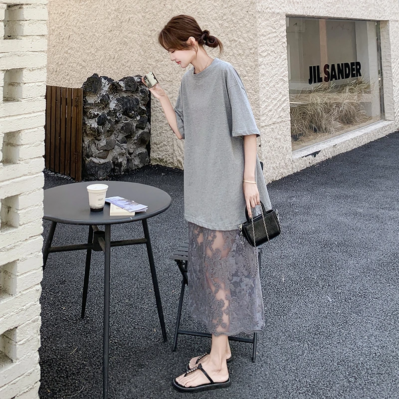 灰色高级感蕾丝半身裙套装女2025夏季新款韩系ootd穿搭气质两件套