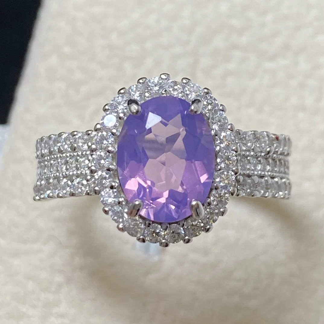 天然紫玉晶戒指s925银7*9mm高级轻奢戴妃款精致气质百搭开口戒A