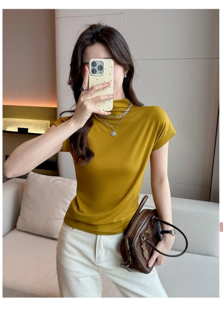 夏款半高领小飞袖韩版修身短t夏新款显瘦百搭