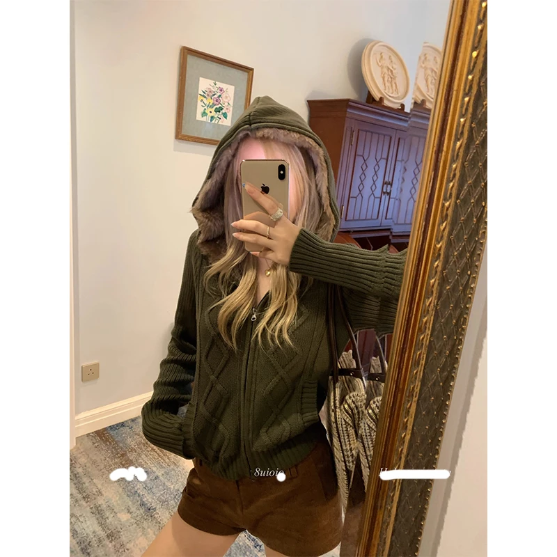 TWOMILLION连帽毛领毛衣女2025秋季新款显瘦拉链开衫外套