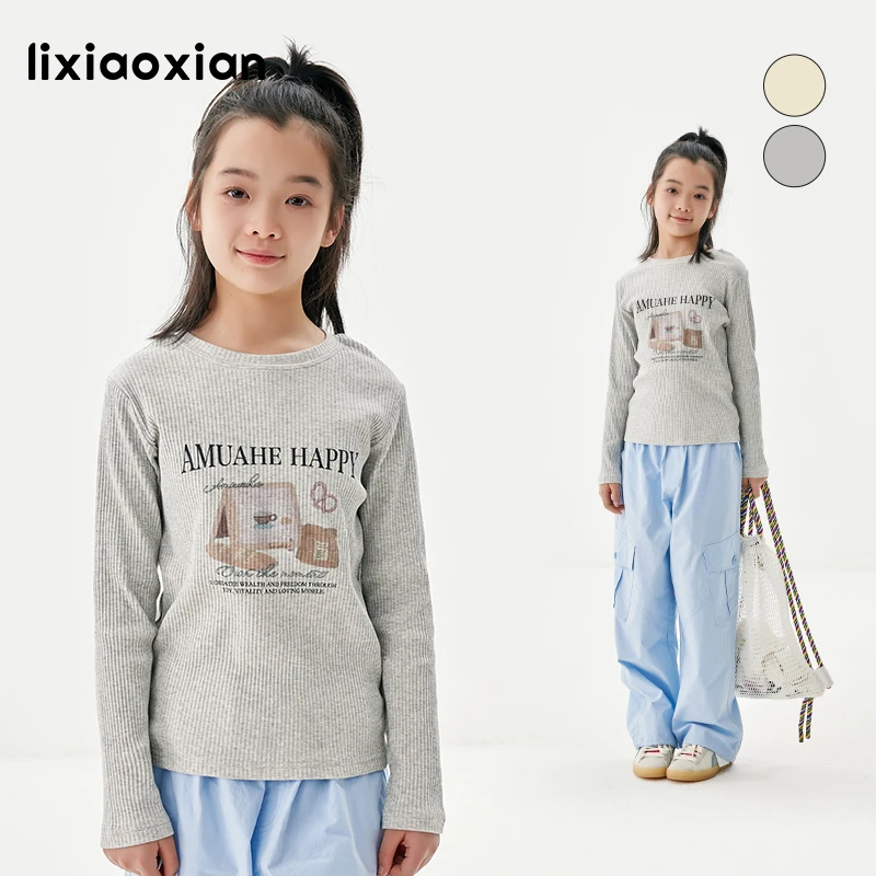 梨小闲女童休闲长袖T恤儿童春秋新款t中大童复古印花修身打底体恤