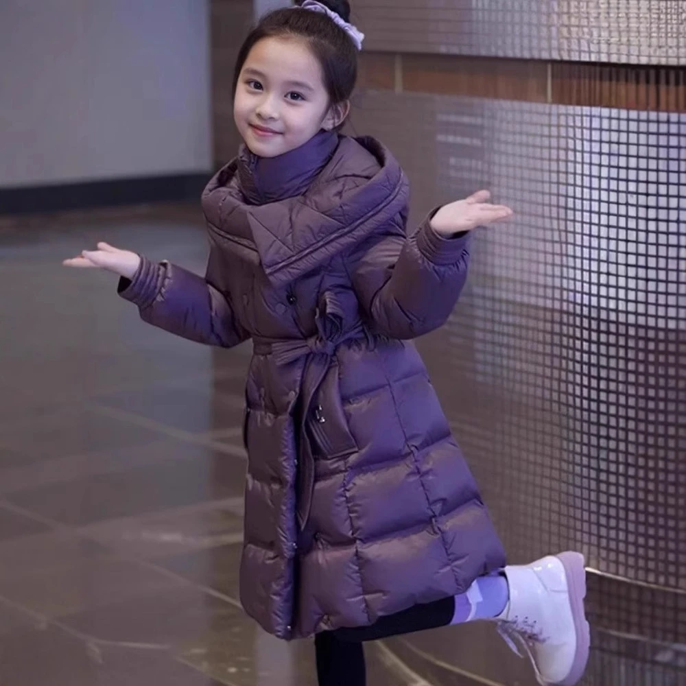 女童羽绒棉服2025新款儿童棉衣外套中大童加厚紫色中长款洋气冬装