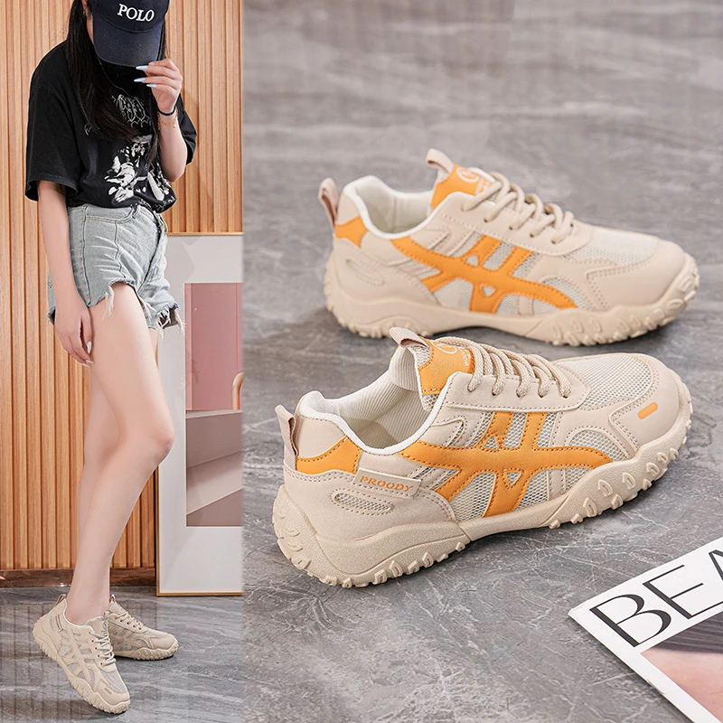 2025夏季百搭网纱透气发财黄休闲鞋女跑步板鞋韩版潮鞋网红德迅鞋
