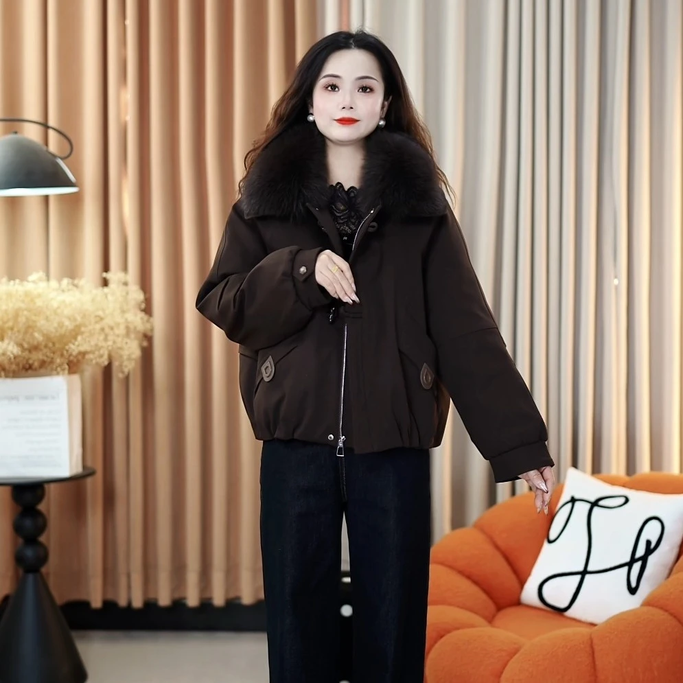 【CFNZ】麂皮绒冬季女士新款保暖时尚真毛领显瘦白鸭绒休闲百搭外套