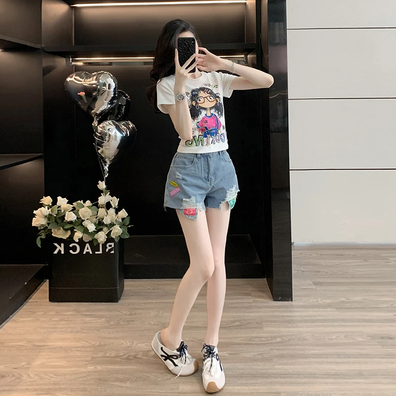多巴胺服装女生韩系ins衣服学院风印花短袖T恤毛边牛仔短裤两件套