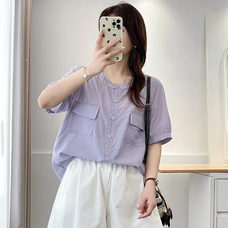 大码女装2025夏季新款时尚短袖衬衫宽松显瘦百搭胖mm洋气薄款上衣