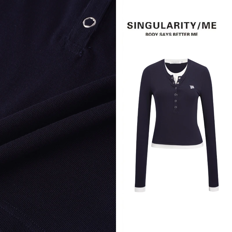 Singularity Me 2A 1206 假两件撞色设计亨利领打底衫上衣