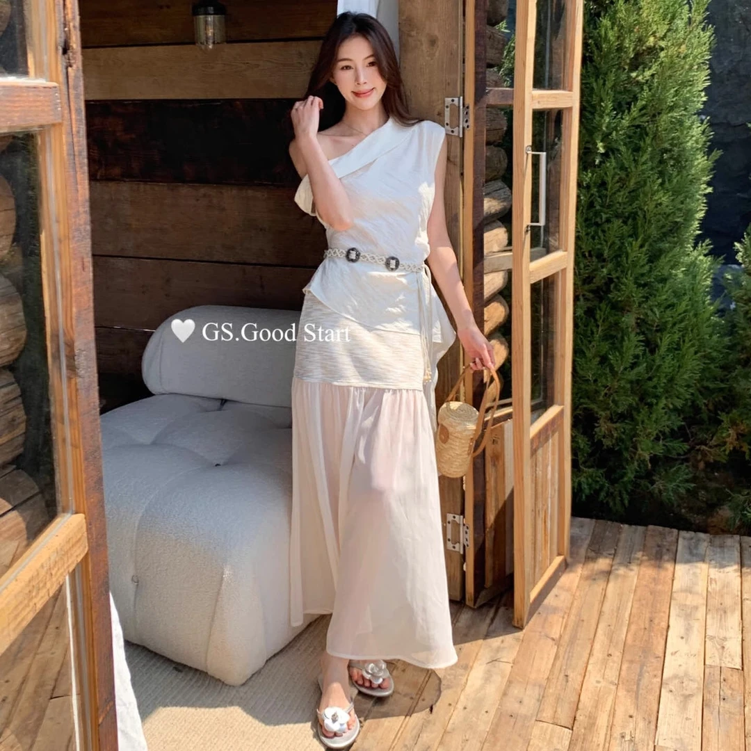 法式套装气质斜肩上衣修身T恤女装夏季高腰a字半身裙温柔风两件套