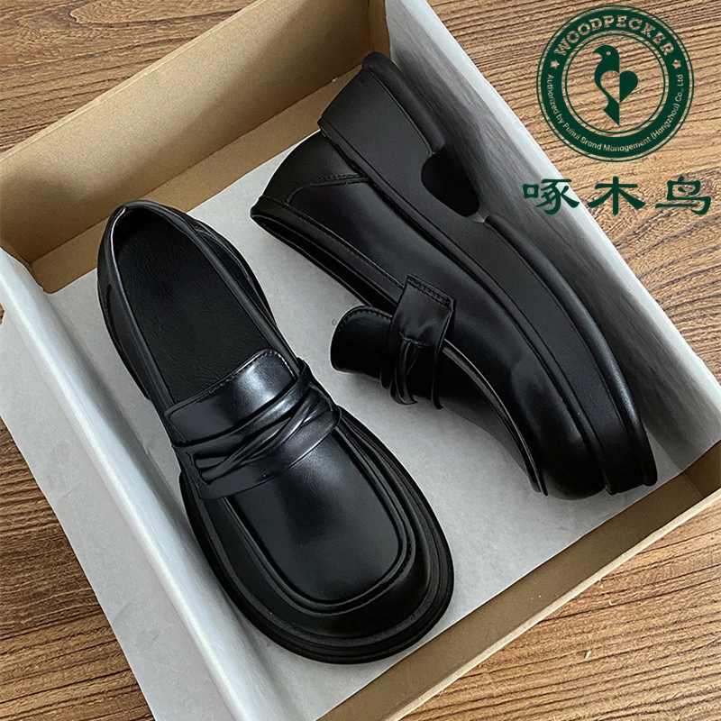 啄木鸟学生厚底乐福鞋女2025新款复古英伦风黑色小皮鞋百搭单鞋子