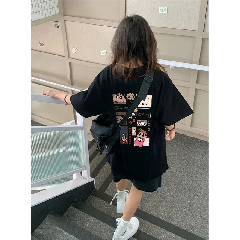 黑色卡通短袖T恤女2025新款春夏季宽松oversize半袖上衣ins潮