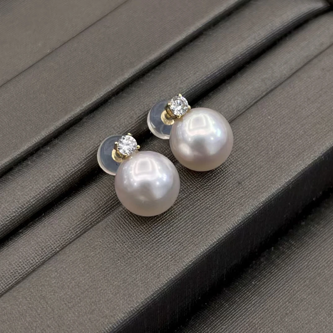 日本海水珍珠akoya耳钉8.5-9mm18k金戴妃款经典百搭