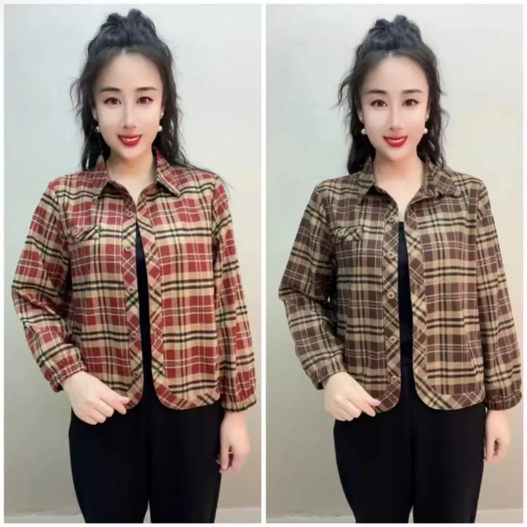 新款春夏短款薄格子衬衫女士上衣