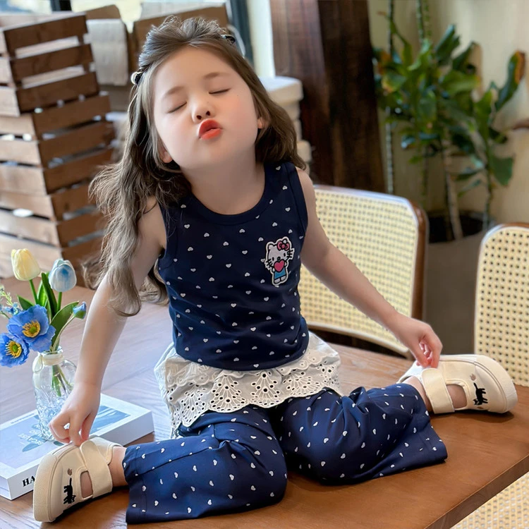 女宝无袖套装韩版夏季波点蕾丝屁帘棉舒适阔腿洋气爆款女童中小童