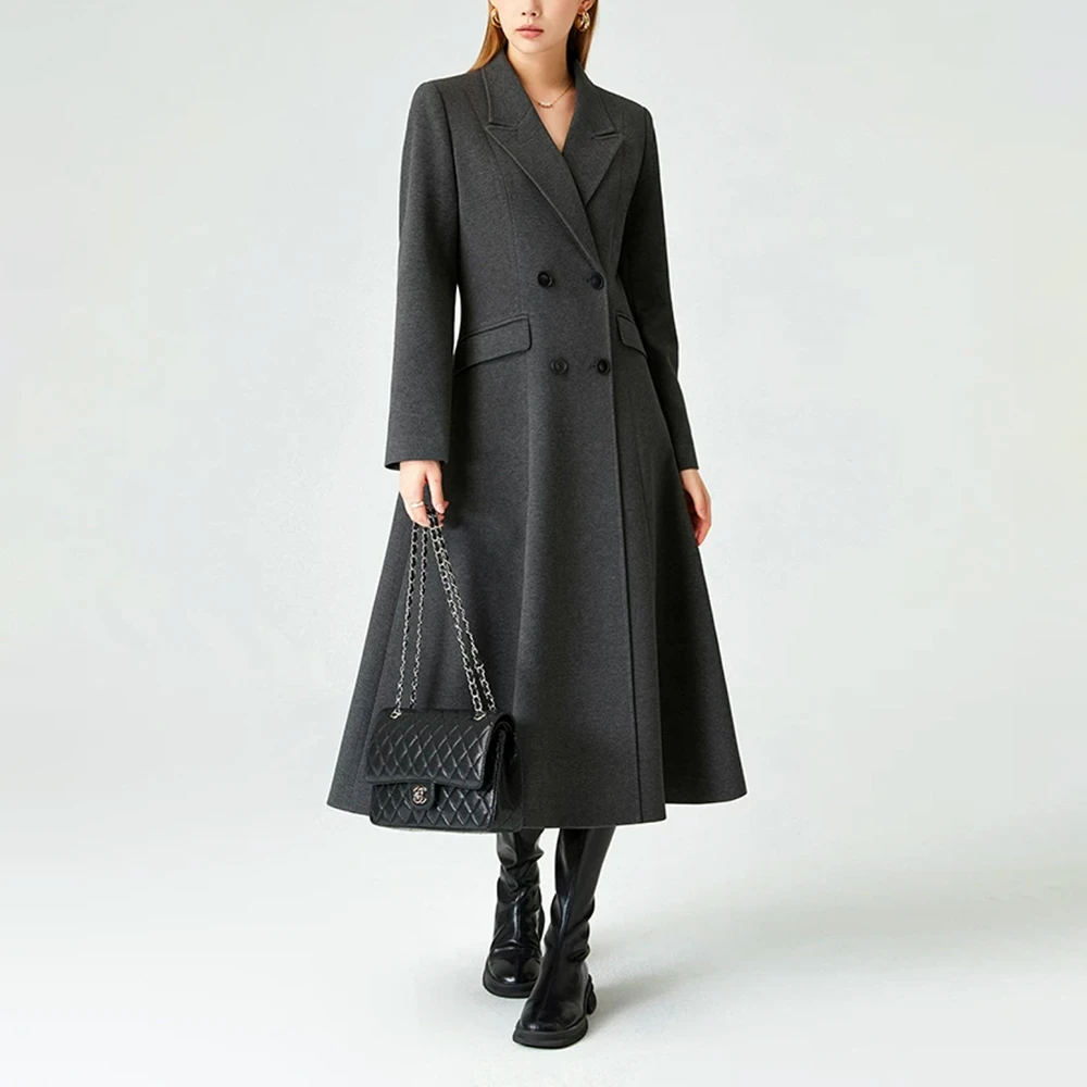 【飞哥】401-500 赫本风收腰显瘦双排扣英伦长款毛呢外套