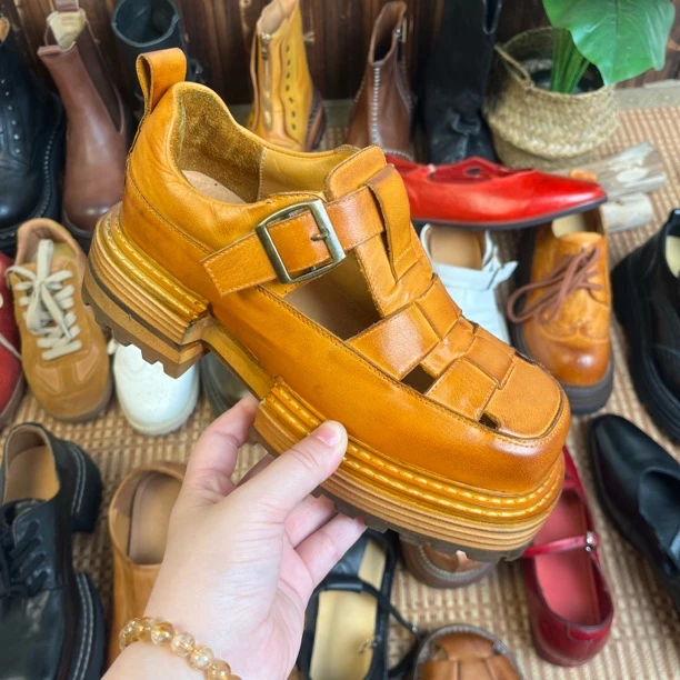 断码39码夏季马皮编织凉鞋女罗马鞋厚底休闲夏季复古猪笼鞋女