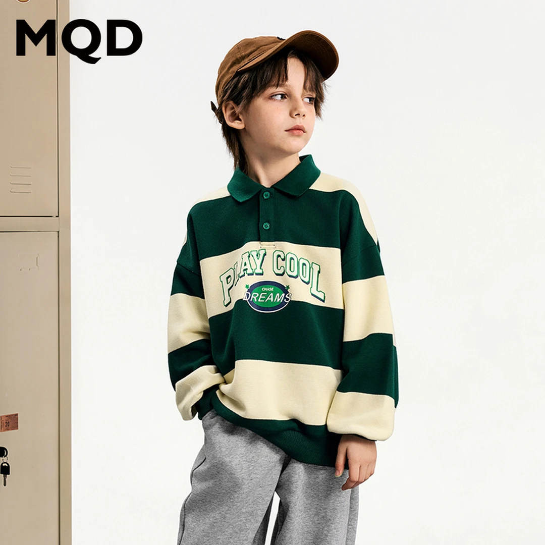 MQD活动款童装春季新品学院风经典儿童卡通字母翻领卫衣撞色长袖